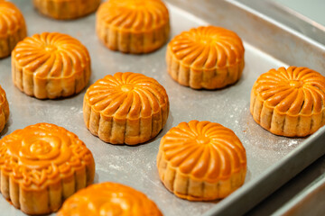Mooncake making process. A mooncake  is a Chinese bakery product traditionally eaten during the Mid-Autumn Festival.