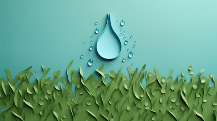 Save water concept. Paper cut of eco on green grass.