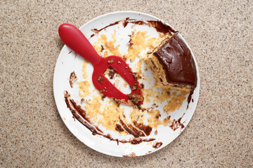 Overhead view of a mostly eaten lemon cake and spatula