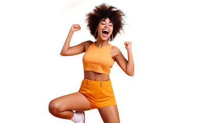 Excited woman moving her fit and curvy body in a fun dance workout. Isolated on Transparent background.