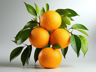Fresh oranges with green leaves isolated on white background. 3d illustration. 