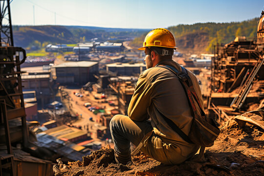 an orange construction worker wearing helmet looks out into a distant mine