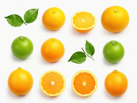 collection of oranges and limes with leafs on white background. each one is shot separately