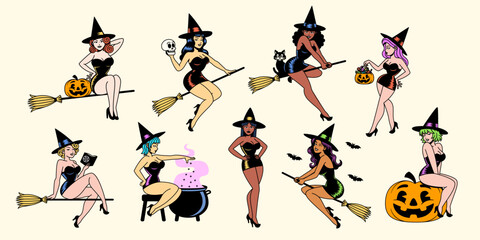 Fototapeta Vector Cartoon Cute Pin Up Witches Set obraz