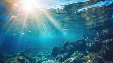 Fototapeta na wymiar Sea underwater view with sun light. Beauty nature background