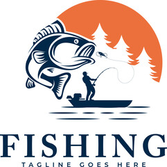 Design template illustration of Man fishing Big Fish jumping out of the water, Suitable for use as a fishing sport Logo