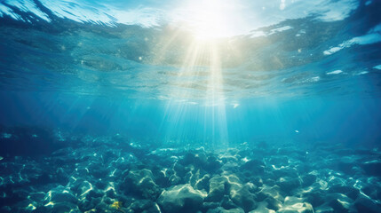 Naklejka na ściany i meble Sea underwater view with sun light. Beauty nature background