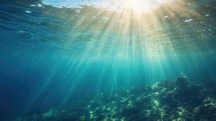 Fototapeta na wymiar Sea underwater view with sun light. Beauty nature background