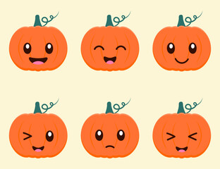 Set of cute cartoon pumpkins with kawaii eyes for Halloween holiday, Thanksgiving Day. Orange autumn pumpkin with smile. Vector flat illustration.