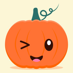 Cute cartoon pumpkins with kawaii eyes for Halloween holiday. Orange autumn pumpkin with smile. Vector flat illustration.