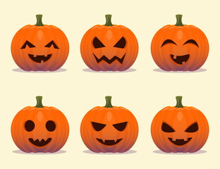 Set of cute cartoon pumpkins for Halloween holiday. Orange autumn pumpkin with smile. Vector illustration.