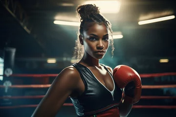 Foto op Canvas Black female boxer stands confidently in boxing ring wearing red gloves. © Larisa
