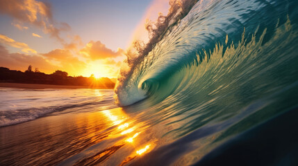 Wave crest at sunset. The perfect place to surf in Hawaii. The concept of attracting tourists to Hawaii.