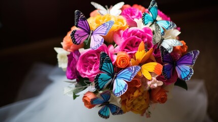Butterfly colorful bouquet background. Romantic beautiful floral butterflies and flowers design. AI illustration for wedding invitation card