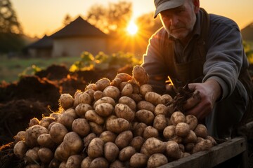 Farmer with freshly dug potatoes on the field at sunset, harvest time. 