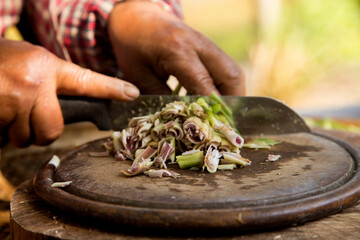 A woman cutting lemon grass on a wooden board in Chiang Mai, Thailand.