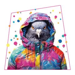 Funny trendy graphic design art print with cool pigeon in hood. Amazing illustration with bird for t-shirts designs and apparel