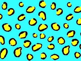 Abstract animal footprint screen wallpaper illustration from the 80s and 90s with hand-drawn spots. Retro leopard pattern design with neon blue, yellow and black colors.