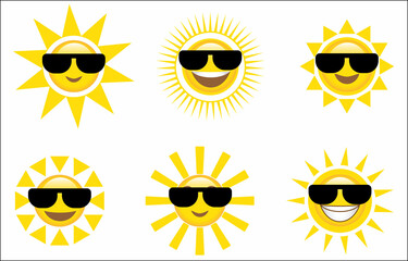 Smile Sun and sunglasses flat style icon weather and sunshine set. Forecast logo symbol collection. Vector illustration image. Isolated on white background.
