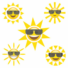 Smile Sun and sunglasses flat style icon weather and sunshine set. Forecast logo symbol collection. Vector illustration image. Isolated on white background.