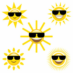 Smile Sun and sunglasses flat style icon weather and sunshine set. Forecast logo symbol collection. Vector illustration image. Isolated on white background.