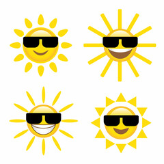 Smile Sun and sunglasses flat style icon weather and sunshine set. Forecast logo symbol collection. Vector illustration image. Isolated on white background.