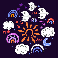 set of weather icons, abstract pattern with doodle elements, set of hand drawn doodles, clouds, rainbow, bird, sun, moon, rain, stars, set for children, children's set with rainbows 