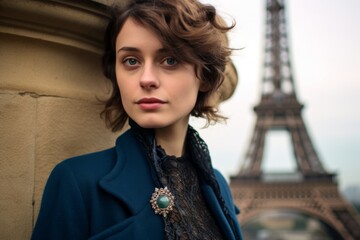 Environmental portrait photography of a satisfied girl in her 30s wearing an ornate brooch against the eiffel tower. With generative AI technology - obrazy, fototapety, plakaty