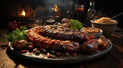 Grilled sausages with spices and vegetables on a wooden table. 