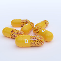 Vitamin D With Yellow Capsules, Granules and White Background