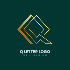 Q alphabet letter logo icon in gold and dark green color. Simple and creative golden design for company and business