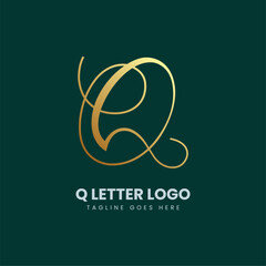 Q alphabet letter logo icon in gold and dark green color. Simple and creative golden circle design for company and business