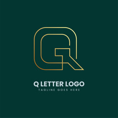 Q alphabet letter logo icon in gold and dark green color. Simple and creative golden design for company and business
