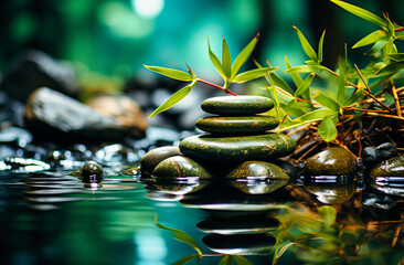 a bamboo tree with rocks and stones and water