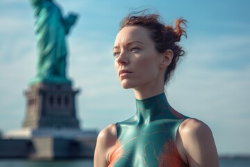 Conceptual portrait photography of a content girl in her 30s wearing a vibrant rash guard in front...