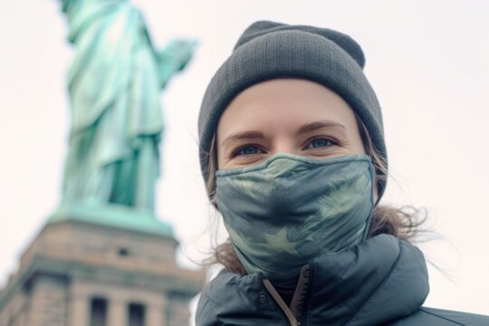Close-up portrait photography of a grinning girl in her 30s wearing a protective neck gaiter in front of the statue of liberty in new york usa. With generative AI technology