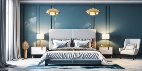 Stylish interior of modern bedroom with comfortable bed