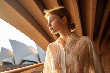 Naklejka premium Environmental portrait photography of a tender girl in her 40s wearing a delicate silk blouse at the sydney opera house in sydney australia. With generative AI technology
