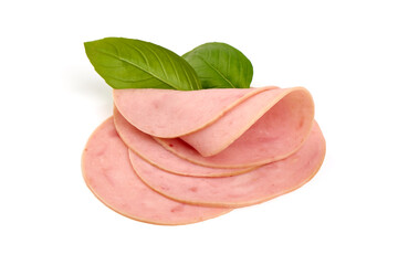 Cooked boiled ham sausage or rolled bologna slices, isolated on white background. © GSDesign
