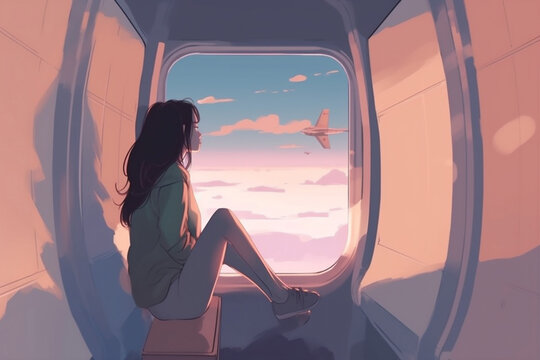 woman plane traveler passenger transportation journey character seat trip window flight. Generative AI.