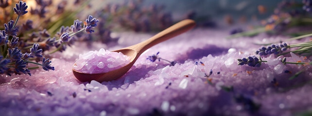 A wooden spoon with a long handle and with pink salt crystals on it, resting on a bed of lavender flowers. The lavender flowers are a deep purple color and are scattered around the spoon. 
