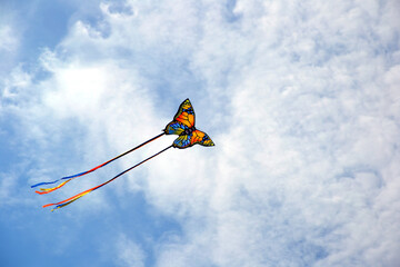 Colorful kite in the shape of a butterfly against the sky