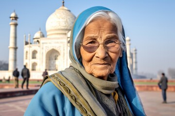Naklejka premium Lifestyle portrait photography of a blissful old woman wearing a versatile denim shirt in front of the taj mahal in agra india. With generative AI technology