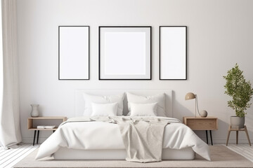 Empty poster above the bed in a bright bedroom. Mock up