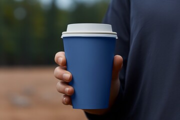 Dark blue coffee in man’s hands in the street. AI generated