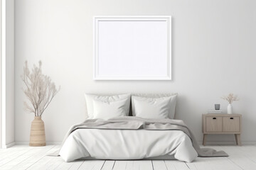 Empty poster above the bed in a bright bedroom. Mock up