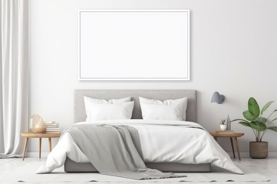 Empty poster above the bed in a bright bedroom. Mock up