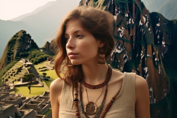 Photography in the style of pensive portraiture of a blissful girl in his 30s wearing a bold statement necklace at the machu picchu in cusco peru. With generative AI technology - obrazy, fototapety, plakaty