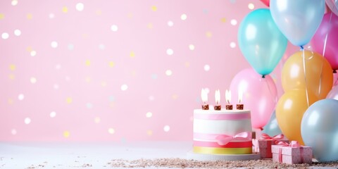 Cake with candles Birthday. Holiday banner, web poster, flyer, cover card, Festive celebrate backdrop balloons