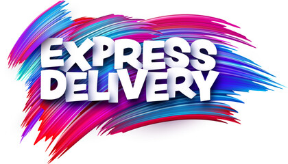 Express delivery paper word sign with colorful spectrum paint brush strokes over white.